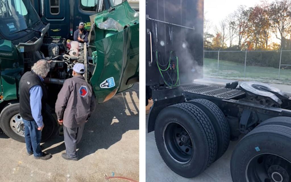 CNG technicians look at an open engine on a CNG truck. Vapor is coming from the back of the vehicle.