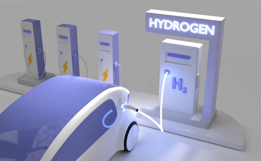 3D illustration of a futuristic car connected to a hydrogen fueling station via an illuminated cable.