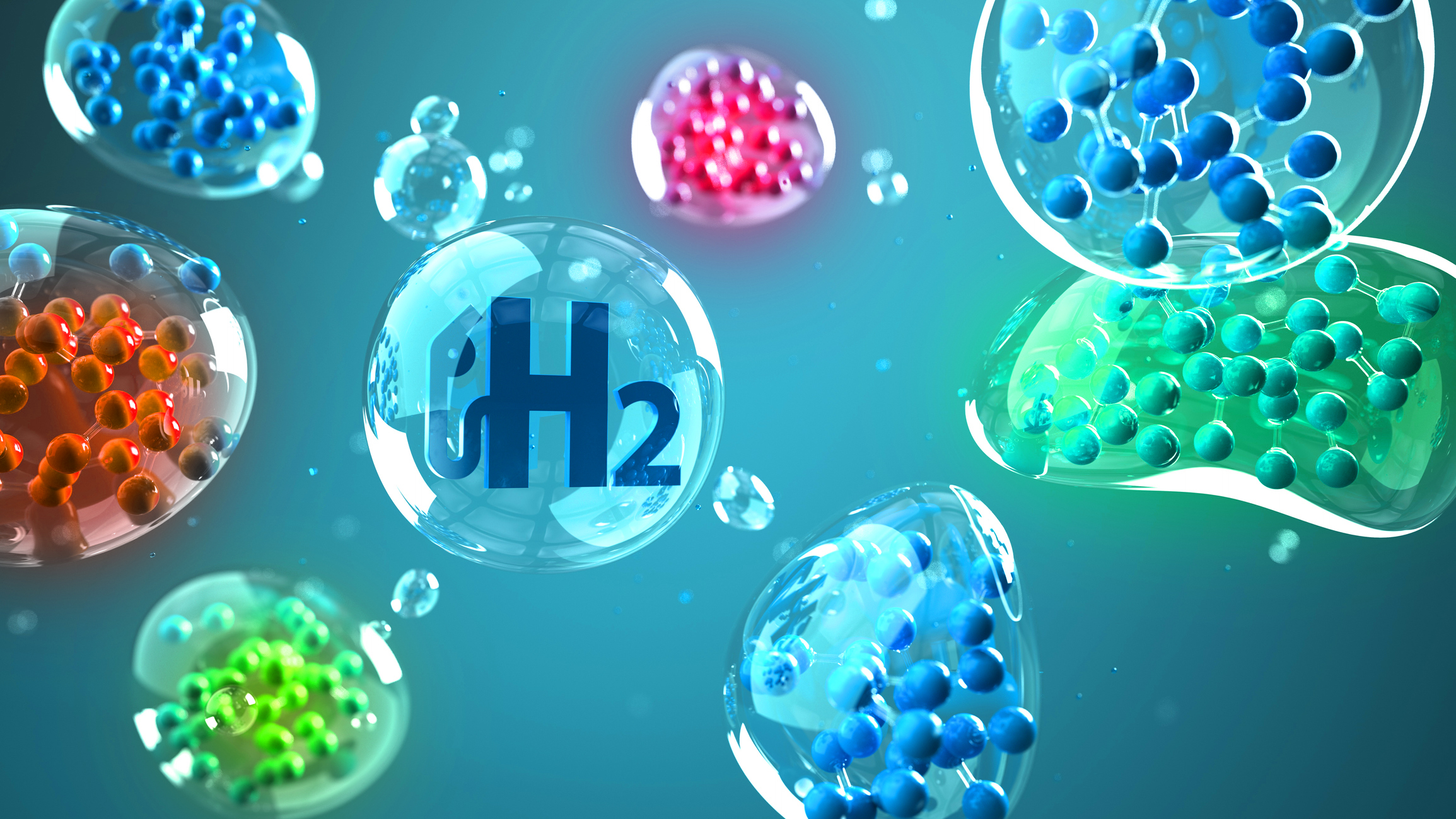 The hydrogen rainbow concept: differently colored strings of molecules surround a bubble with an H₂ fuel pump icon.