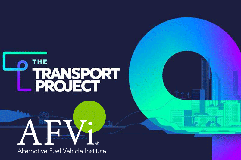 Logos for The Transport Project and AFVi are displayed against an illustrated cityscape.