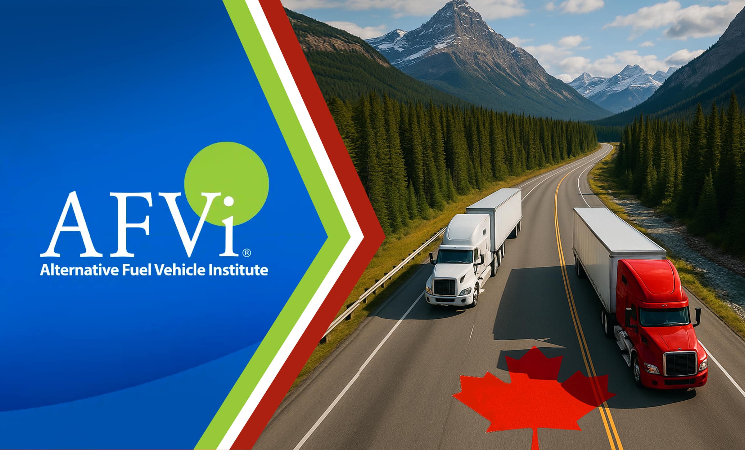 Two semitrucks drive through the mountains and past a Canadian maple leaf on the road, representing CNG fuel system inspector training.