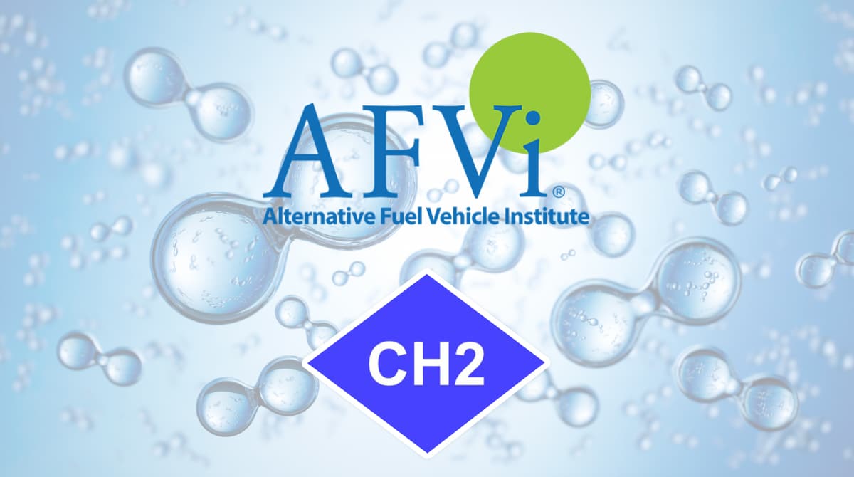 The AFVi logo, hydrogen molecules, and a hydrogen vehicle label.