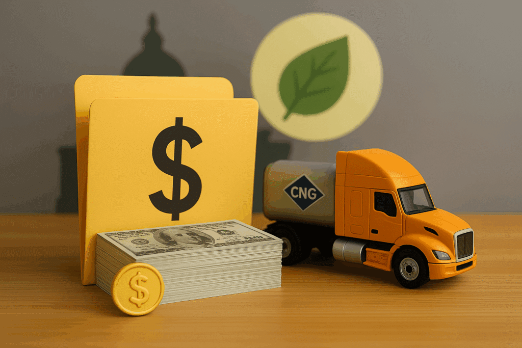 A model CNG truck, a stack of American dollar bills, a gold coin, and a manila folder with a dollar sign are grouped on a desk in front of a sustainability leaf symbol and the silhouette of a government building.