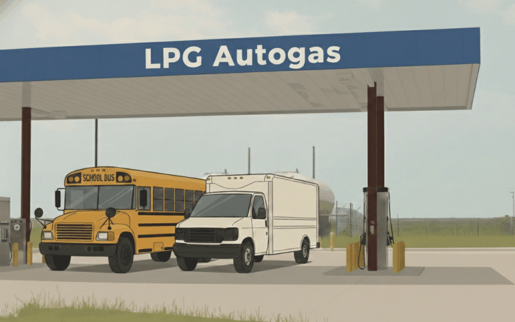 A yellow school bus and white delivery van are parked under the canopy of a propane fueling station.