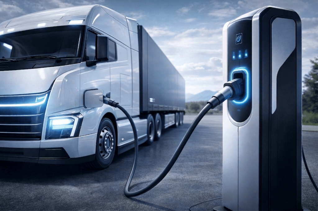 An electric semitruck is plugged into a high-power charging station, representing the expansion of heavy-duty EV charging infrastructure.