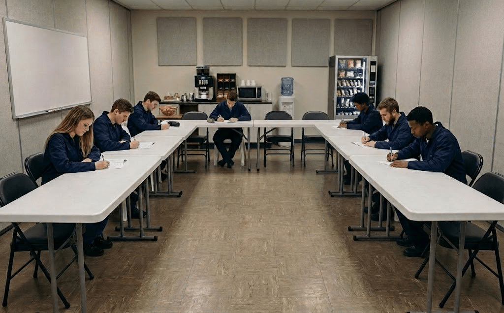 A group of technicians in navy coveralls sits at a U-shaped table in a training room while completing hydrogen fuel system certification assessments.