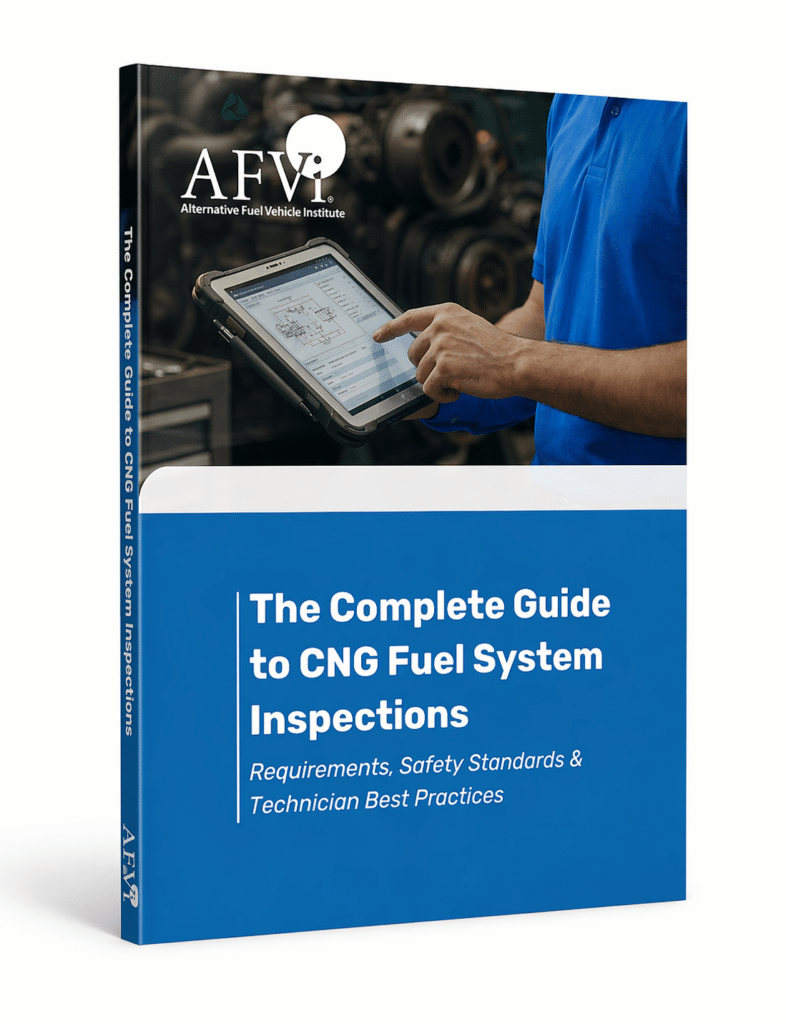Front cover of the AFVi technical resource, The Complete Guide to CNG Fuel System Inspections. A technician uses a tablet to review fuel system schematics in a shop.