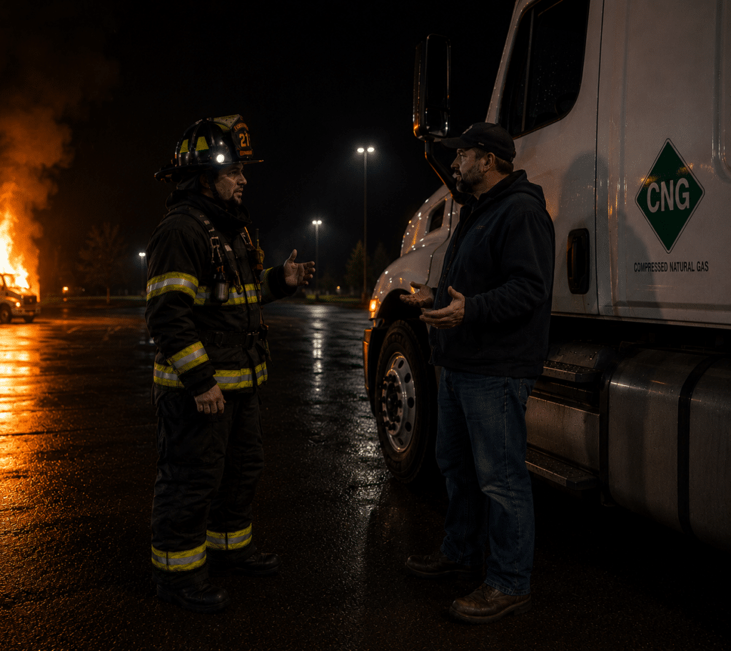 A firefighter speaking with a CNG truck driver beside a compressed natural gas vehicle at night while a vehicle fire burns in the background, representing emergency response communication and CNG safety training.