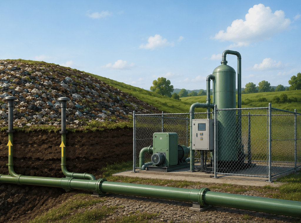 A landfill gas collection system capturing methane through underground piping and directing it to renewable natural gas processing equipment.