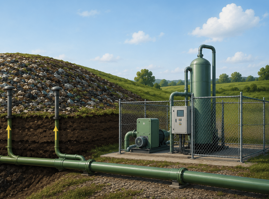 A landfill gas collection system capturing methane through underground piping and directing it to renewable natural gas processing equipment.