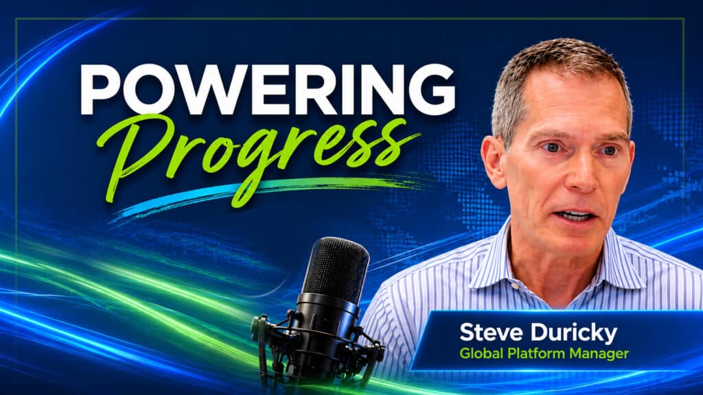 "Powering Progress" presentation graphic featuring Steve Duricky, Global Platform Manager. The design includes a studio microphone and a play button overlay against a blue and green abstract background.
