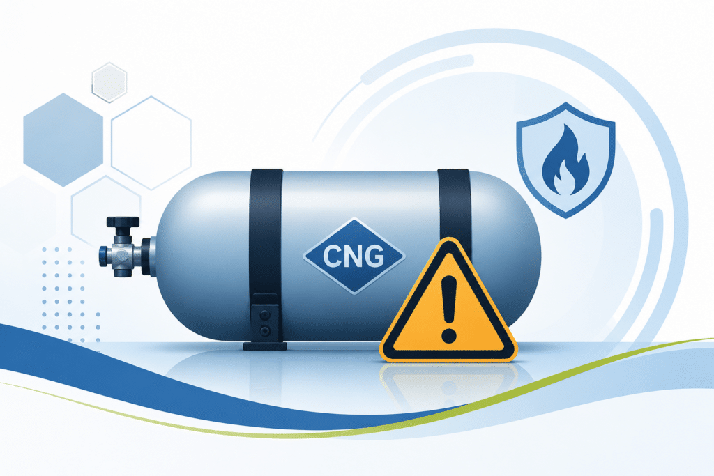 Abstract illustration of a compressed natural gas cylinder with a safety warning symbol representing hazards associated with improper CNG cylinder disposal and decommissioning.