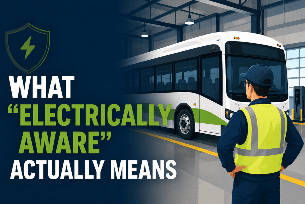 A graphic featuring the text "WHAT ELECTRICALLY AWARE ACTUALLY MEANS" next to a lightning bolt shield icon. On the right, a technician wearing a ball cap and safety vest stands in a maintenance bay, looking at a white-and-green electric transit bus.