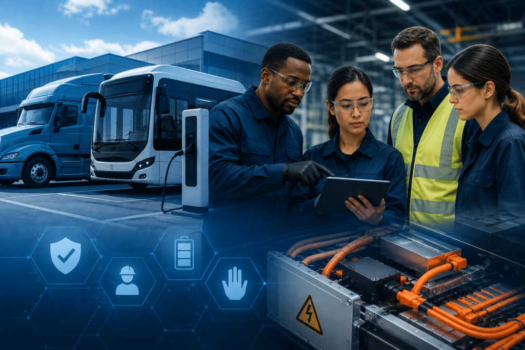 A team of technicians wearing safety glasses reviews a digital tablet near an exposed high-voltage EV battery pack, while a commercial electric truck and bus charge outdoors with blue safety icons displayed underneath.