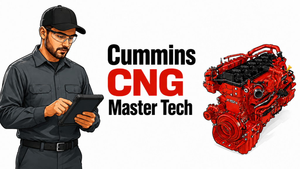 An illustration of a dealer technician in safety glasses holding a diagnostic tablet next to bold text reading "Cummins CNG Master Tech" and a red Cummins X15N natural gas engine.