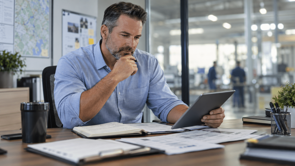 A fleet manager sitting at his office desk reviewing information on a tablet computer, with documents, a notebook, and a coffee mug laid out before him.