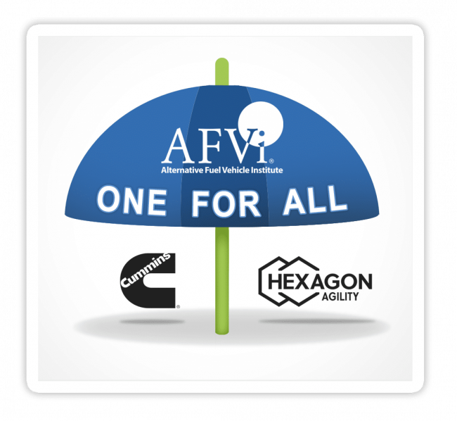 A blue-and-green umbrella with the AFVi logo and the phrase One for All, with the logos for Cummins and Hexagon Agility beneath it, represents AFVi's comprehensive training that is applicable to all CNG fuel systems.